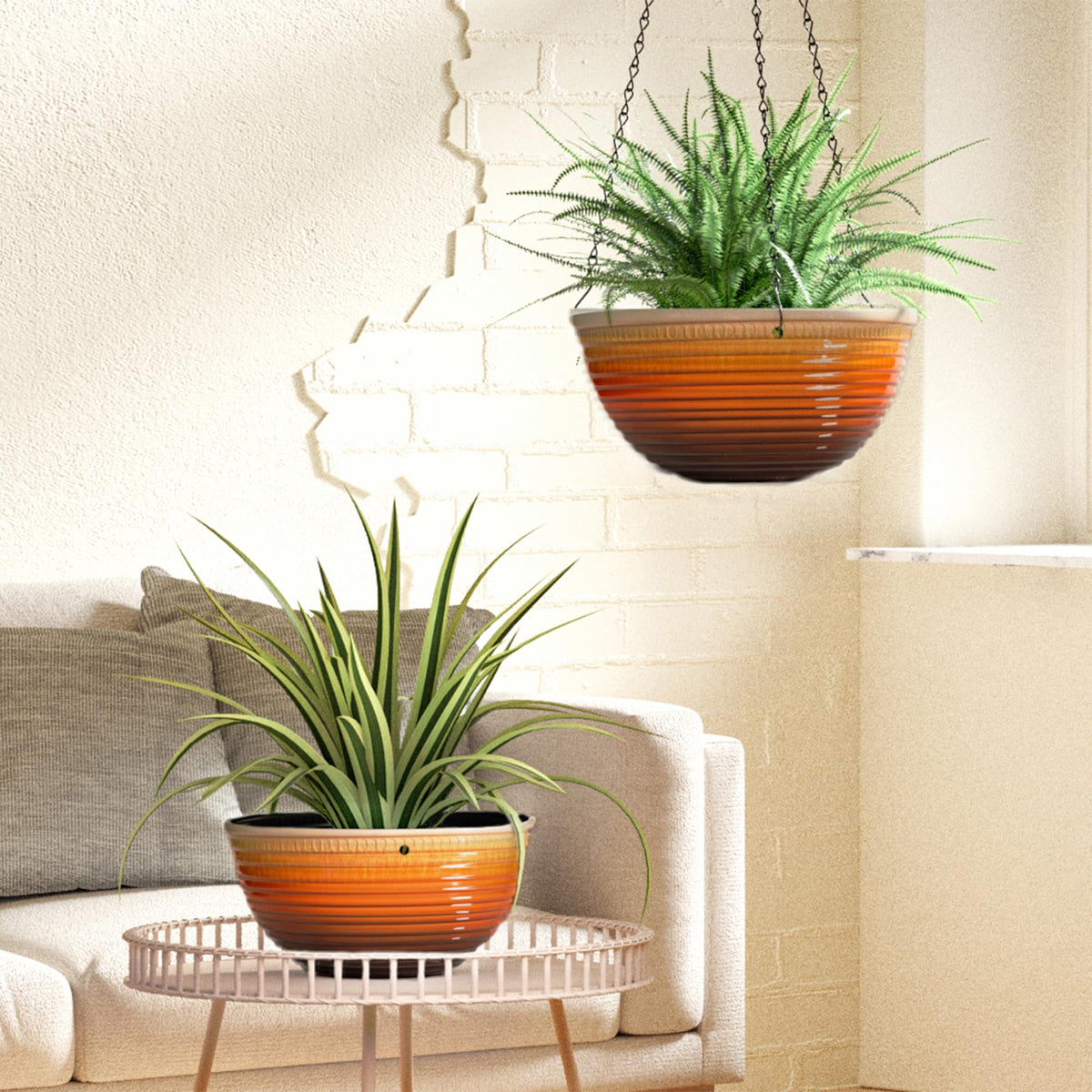 Vanslogreen indoor/outdoor hanging baskets enhance rooms, patios, and balconies.
