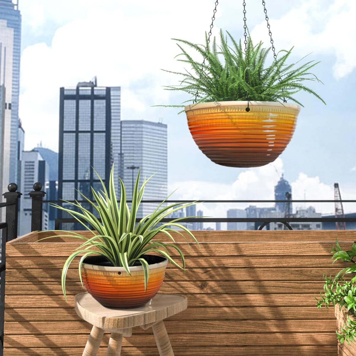 Vanslogreen orange hanging planter set adds color and versatility.