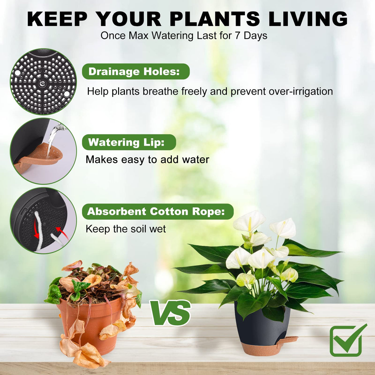 Vanslogreen self-watering pot with reservoir for easier, durable hydration.