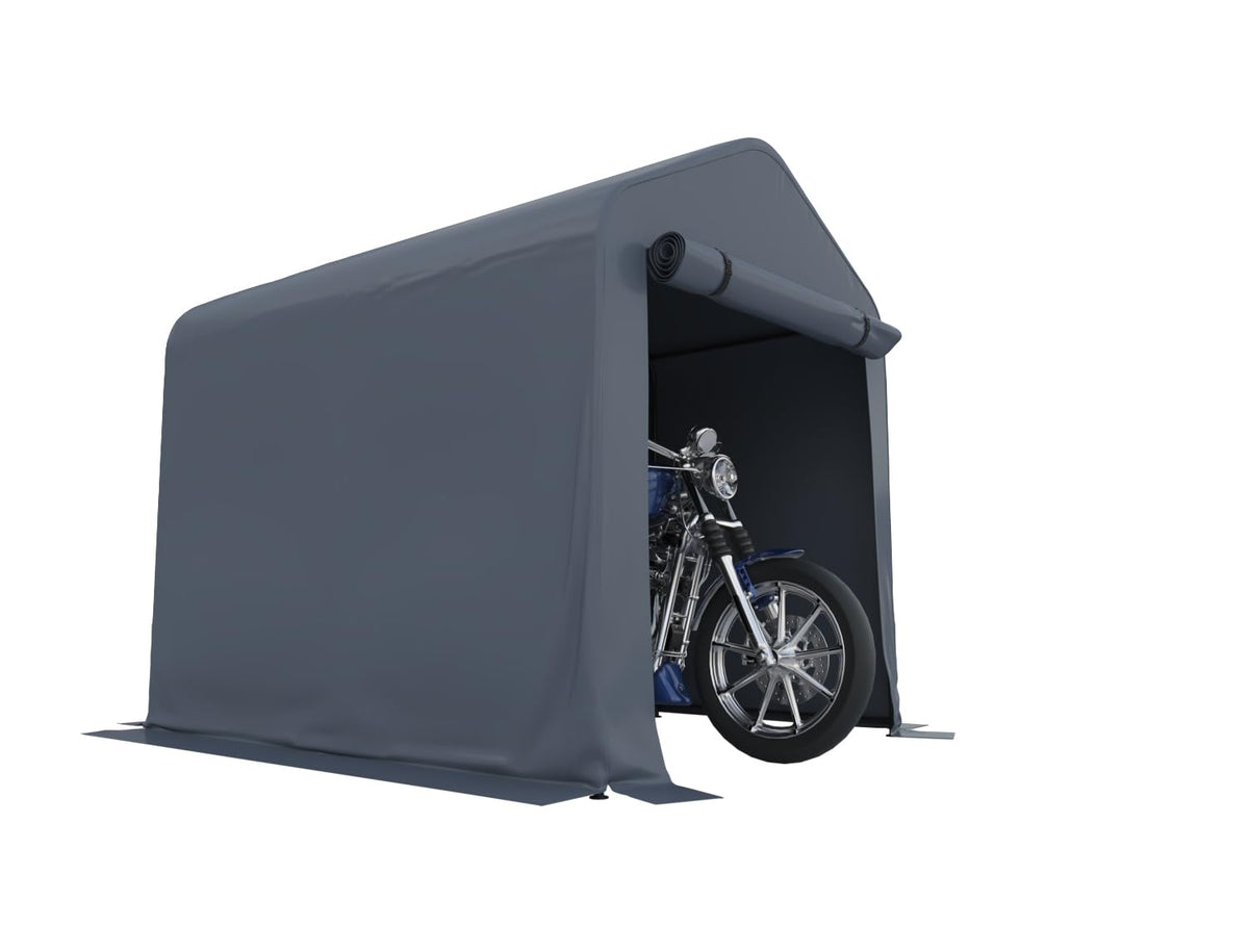 Vanteriam 6x8 storage shed cover with roll-up door for quick motorcycle access and protection.