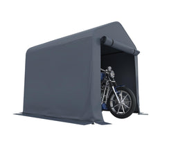 Vanteriam 6x8 storage shed cover with roll-up door for quick motorcycle access and protection.
