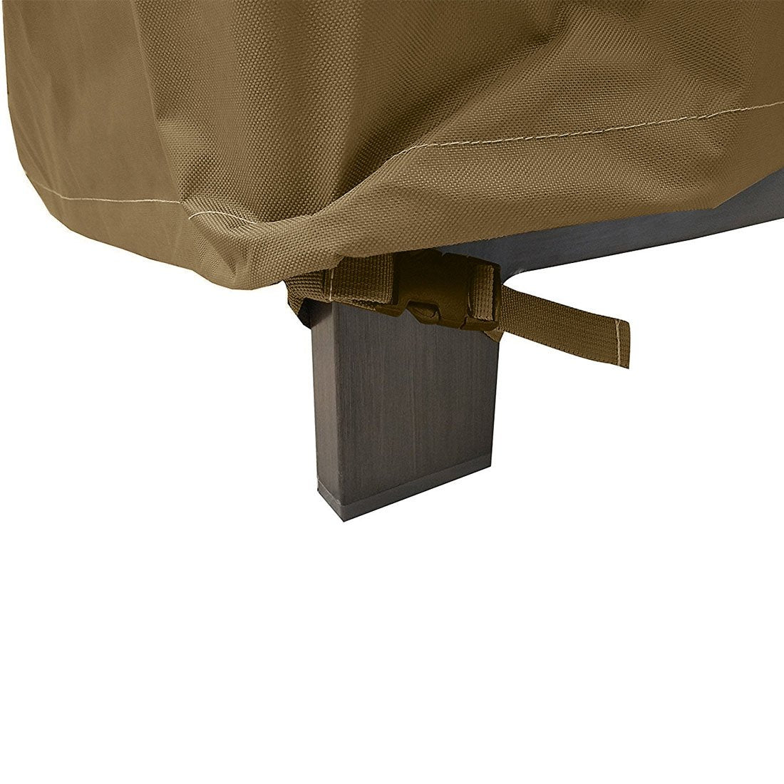 Elastic hem cord and buckled straps on Vanteriam cover for a tight fit