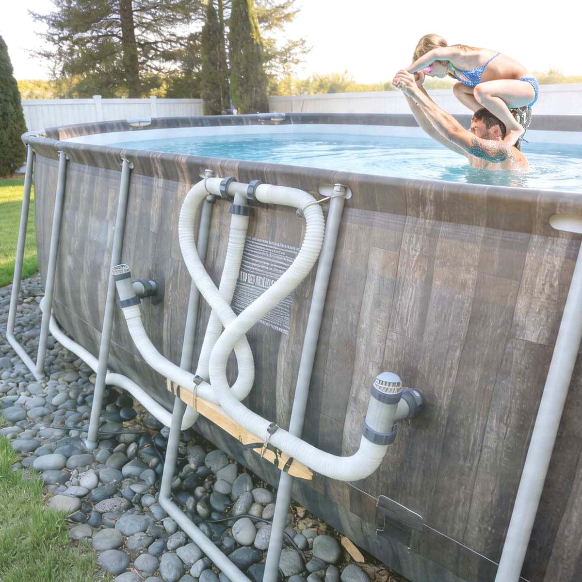 Varesee t-joint hose assembly side view demonstrates versatile pool fit