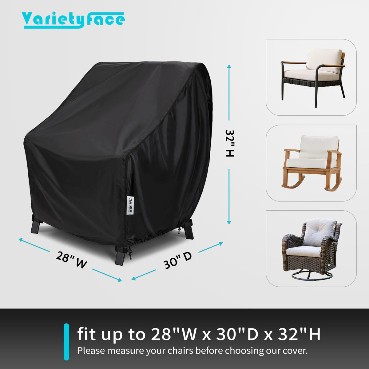 VARIETYFACE rocking chair cover shields against rain and dust during outdoor use.