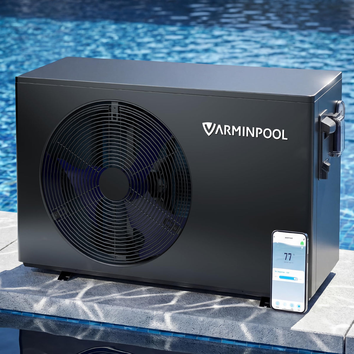 VARMINPOOL electric pool heater front view for above-ground pools, showcasing compact design.