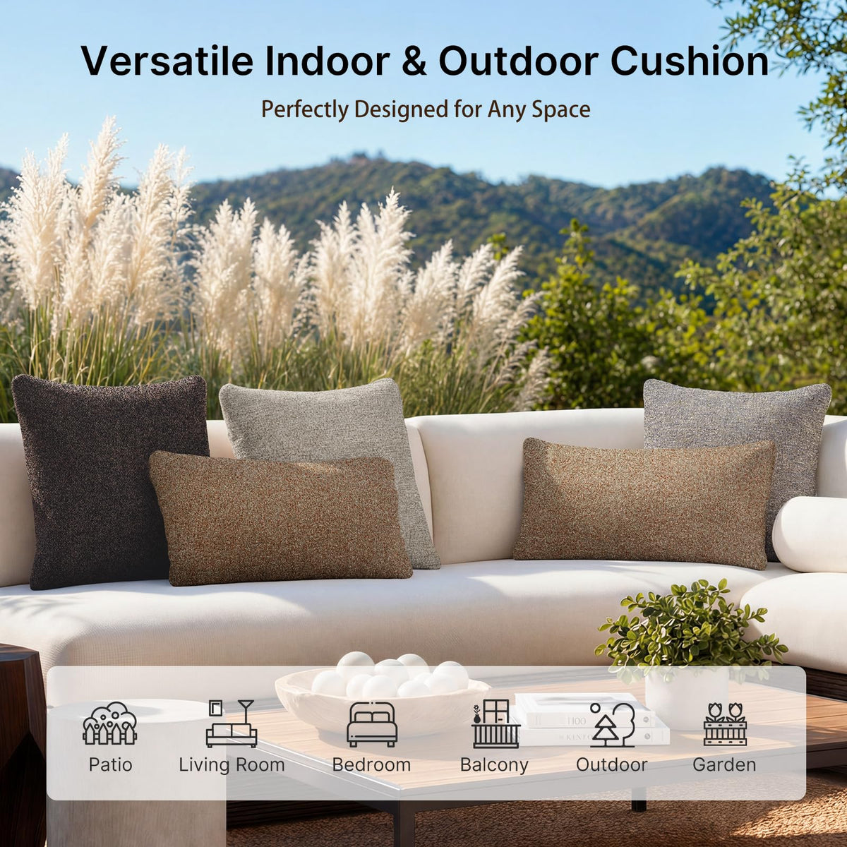 Removable cover on Varmoza pillow enables simple cleaning for outdoor use.