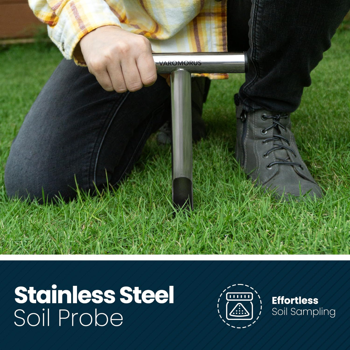 Varomorus core tip showing 3/4-inch by 8-inch depth for consistent soil cores.