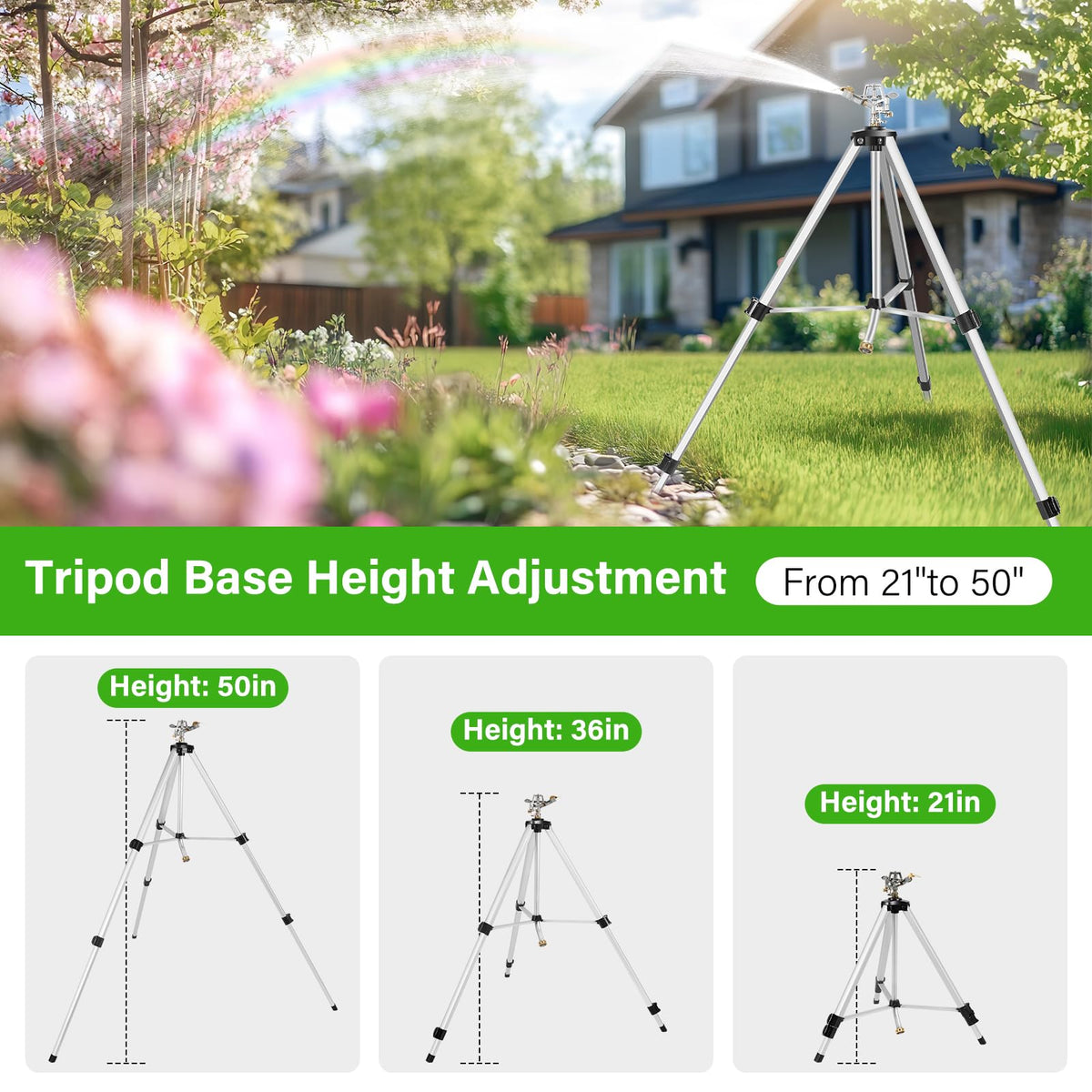 VASALAID 360-degree rotating sprinkler head provides complete coverage around the garden