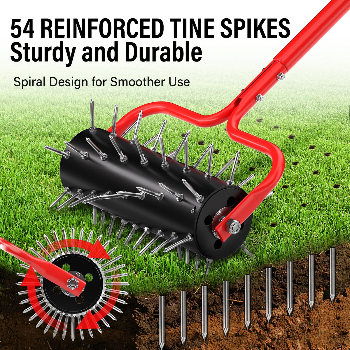 VASALAID spiral spike pattern reduces bounce for stable lawn aeration