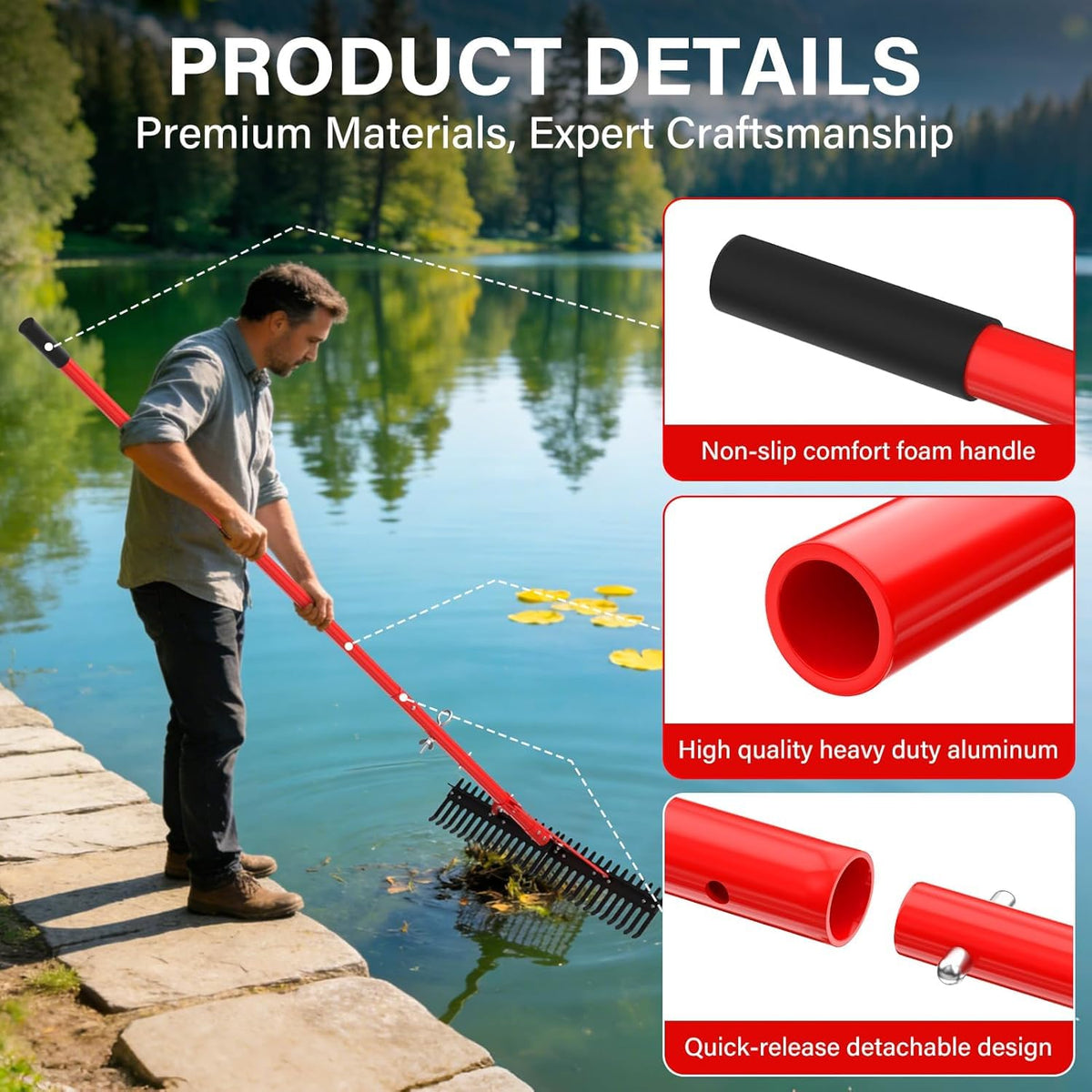 VASALAID pond rake extended handle demonstrating long reach