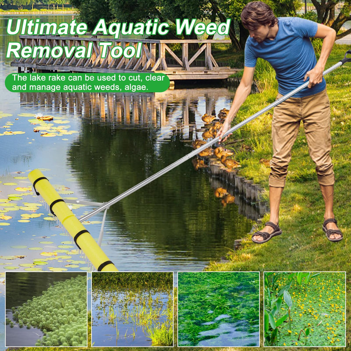 VASALAID Pond Rake extension pole extended to 8.5 feet for deeper reach