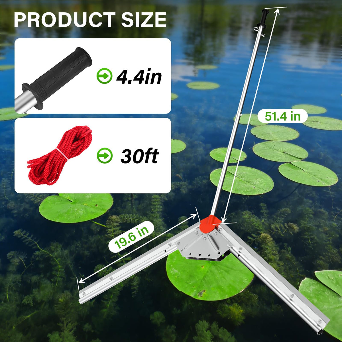 VASALAID Pond rake handle showcases rust-free stainless steel durability.