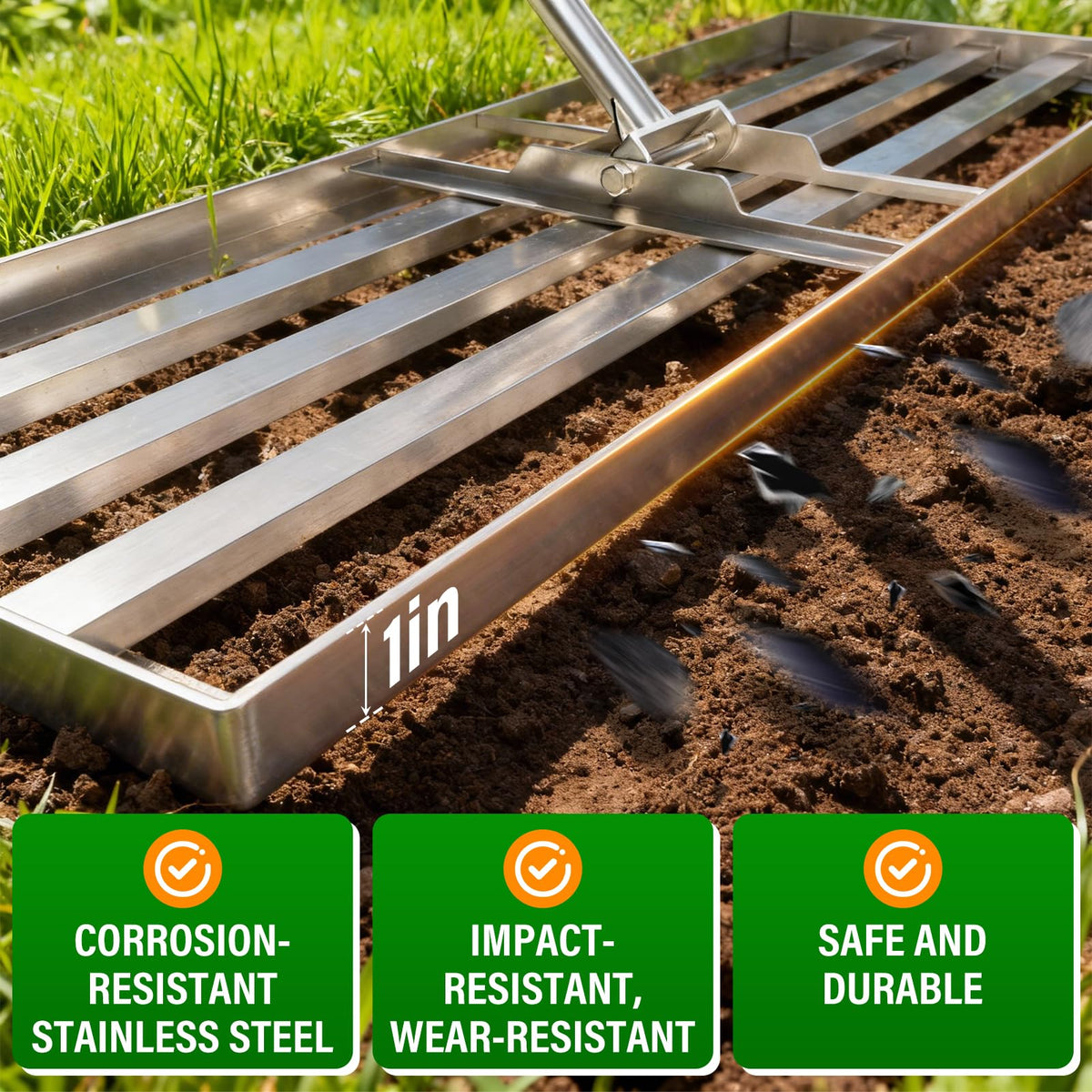VASALAID stainless steel lawn leveler with spread plate showing durable construction.