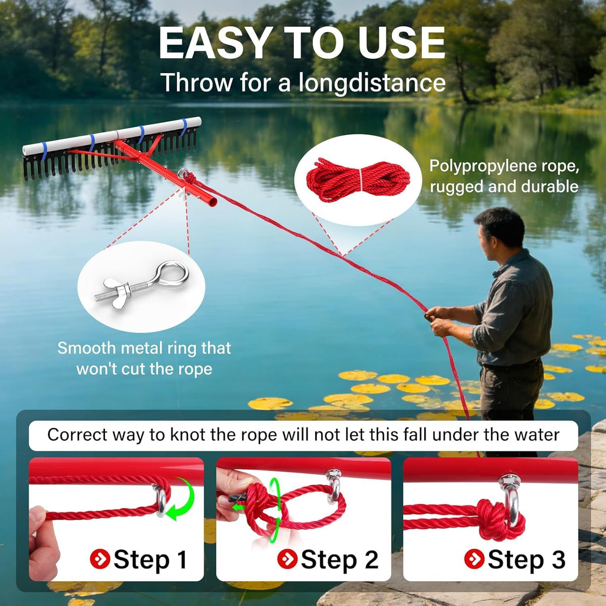 VASALAID weed rake with floating rope ready for surface cleanup