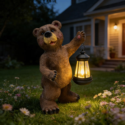 Vasesun bear statue solar lantern front view brightens garden at dusk