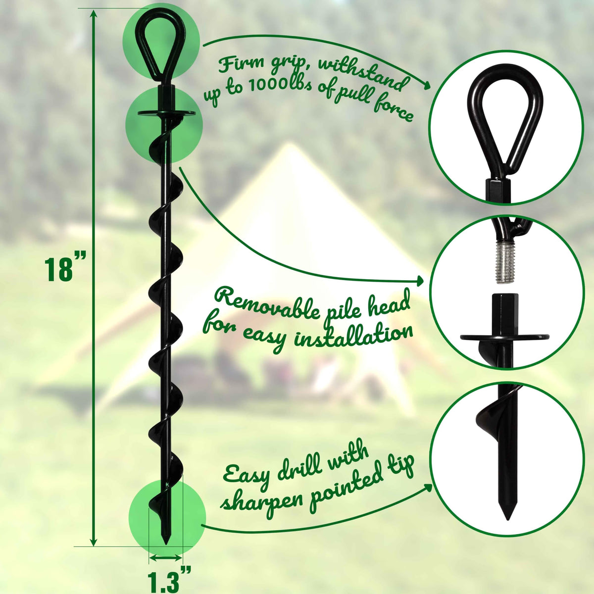 VASGOR 18-inch anchors driven into ground for stable tent setup