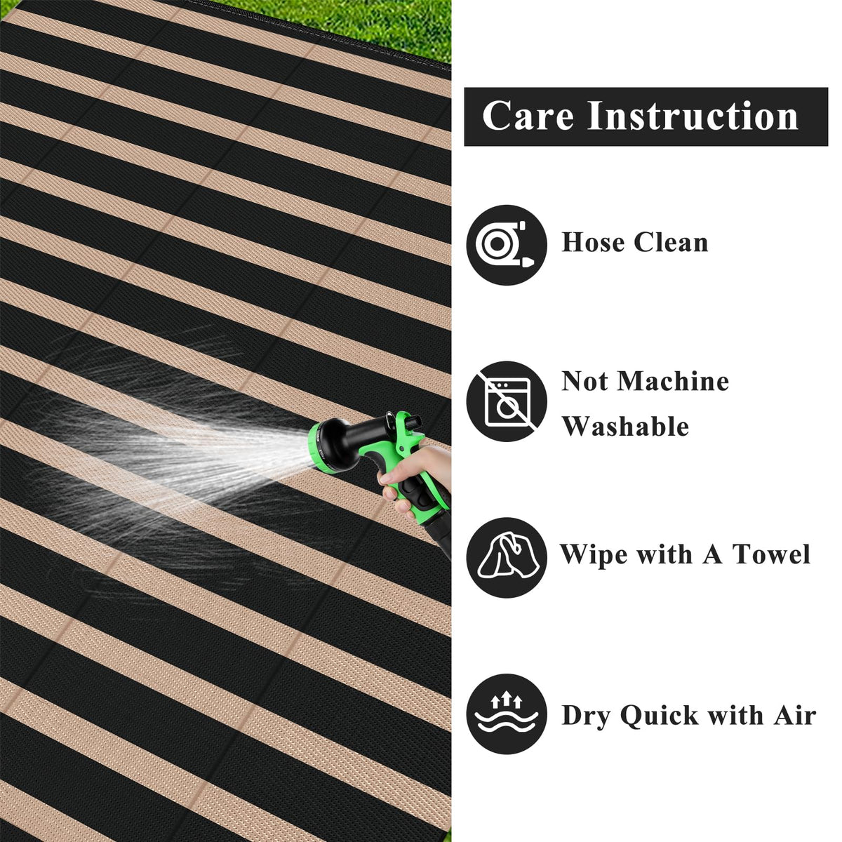 Vaukki easy-clean outdoor rug hose-off friendly after dirt or spills.