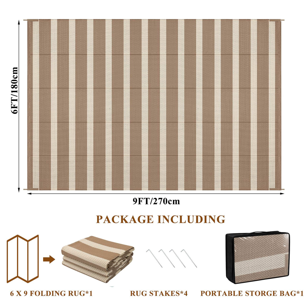 Vaukki outdoor rug with stakes and carry bag for secure setup.