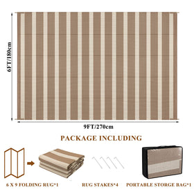 Vaukki outdoor rug with stakes and carry bag for secure setup.