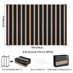 Vaukki outdoor rug with four stakes keeps it in place on windy days.