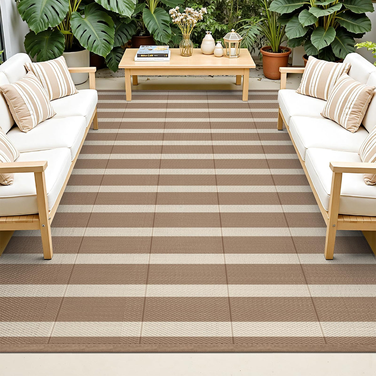 Vaukki waterproof outdoor rug 6x9; striped pattern ideal for patios.