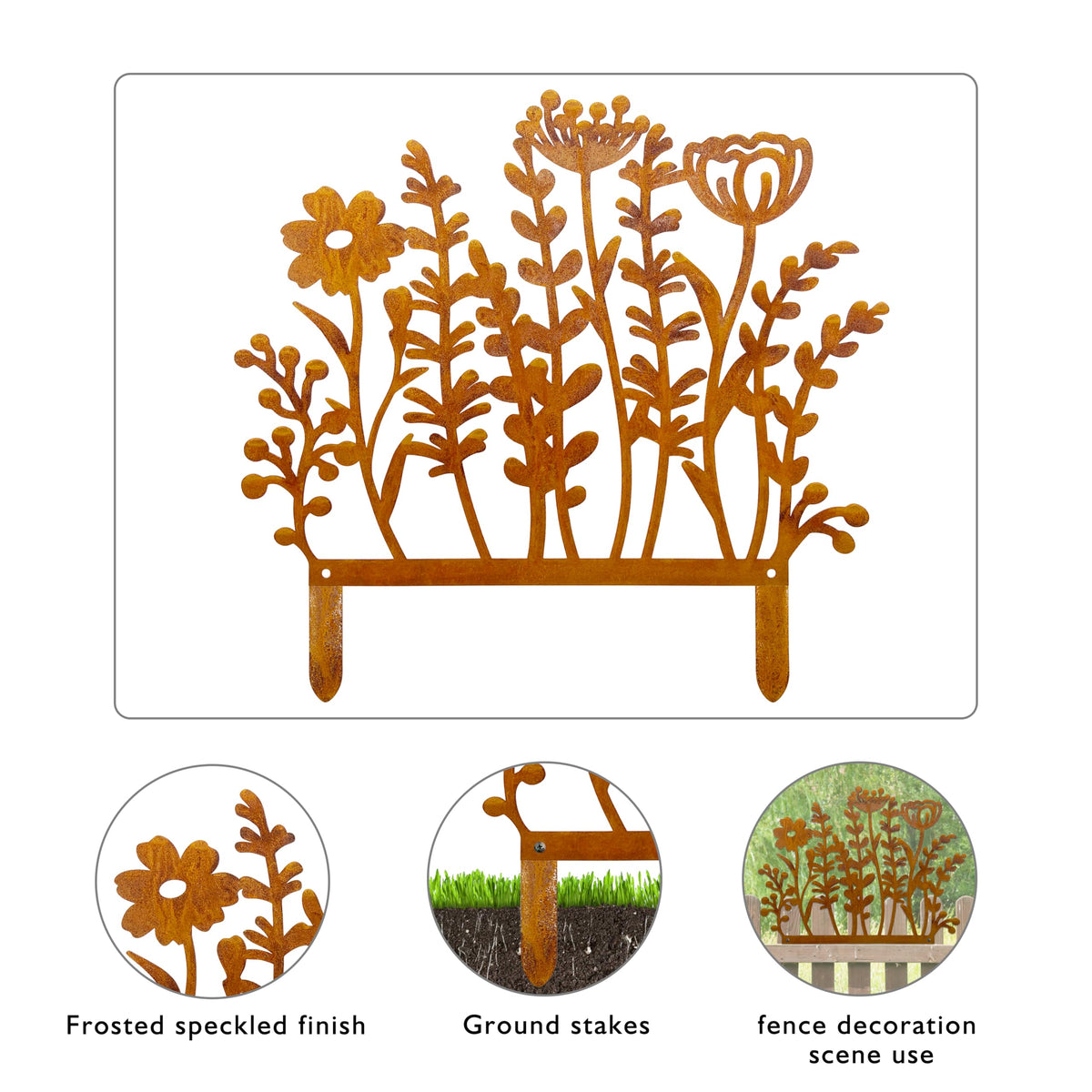 Vausart rusty-finish flowers stake suits porches and patios.