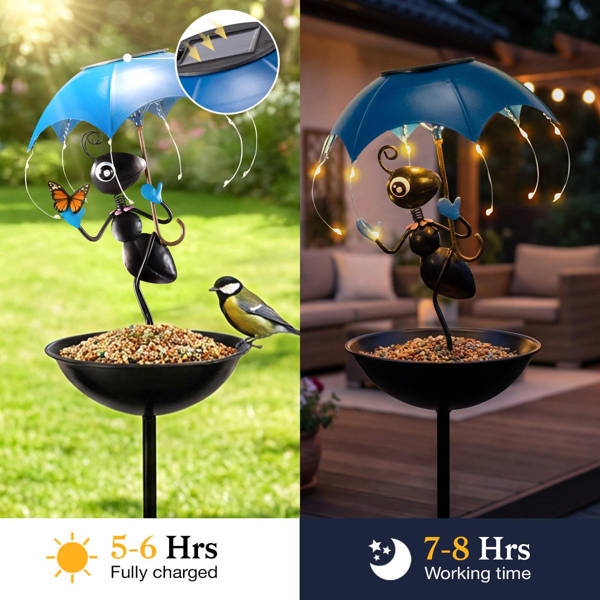 Vbioa solar LED lights illuminate feeding at night for easy viewing.