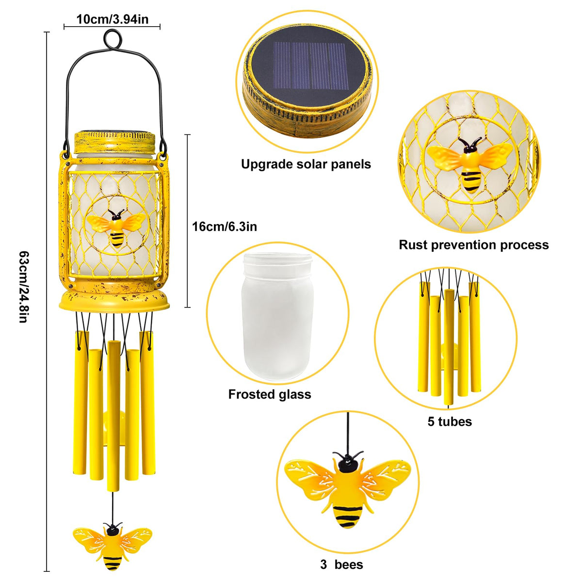 Vcdsoy outdoor bee wind chime closeup shows bee accents and rust-resistant build
