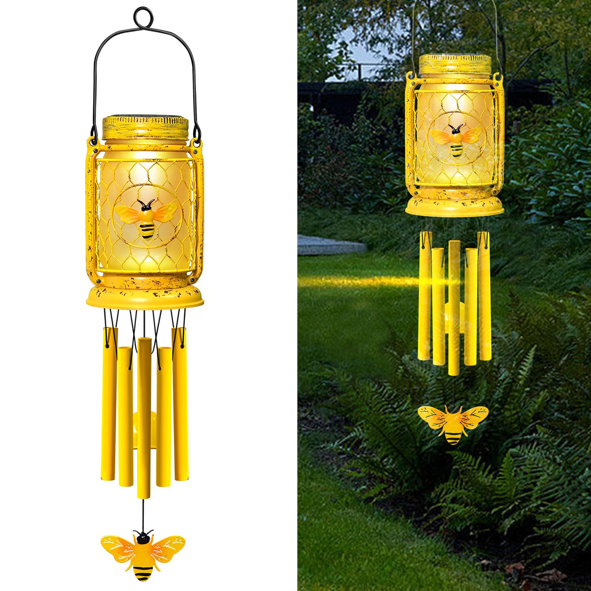 Vcdsoy solar bee wind chime mason jar detail creating gentle music and warm glow