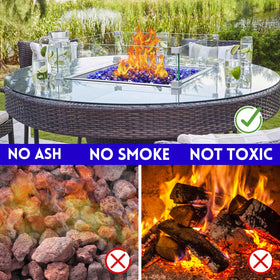 Vchin cobalt blue fire glass around burners creates bright, clean flame accent.