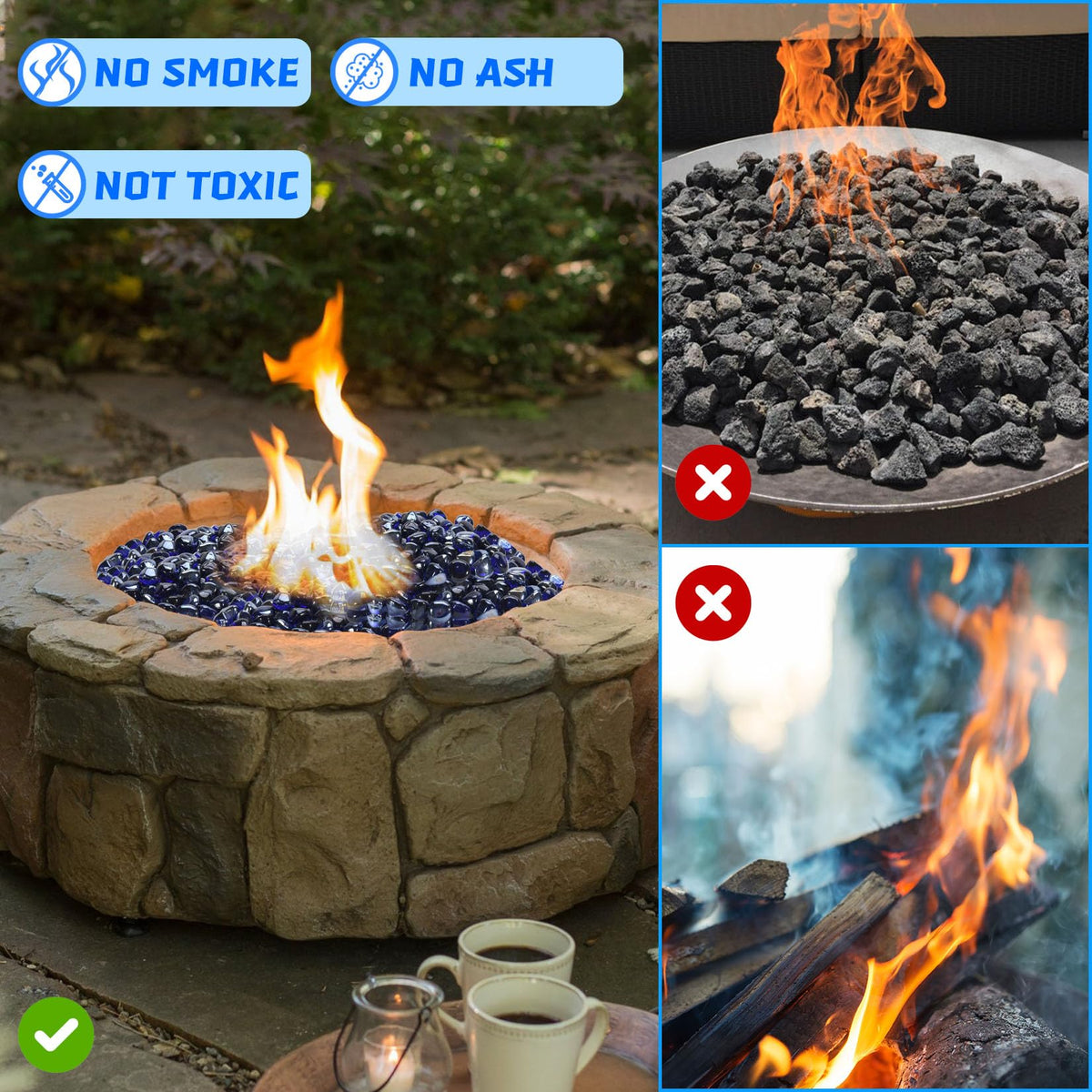Vchin propane fire pit setup glass beads provide a clean, heat-safe display.
