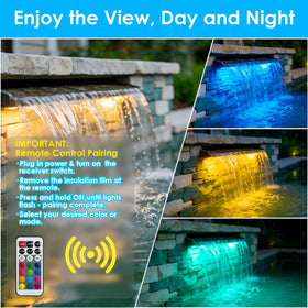 VCRAZE 12-inch stainless steel spillway glows at night for dramatic outdoor ambiance.