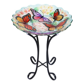 VCUTEKA glass birdbath with butterfly design brightens garden and attracts birds.