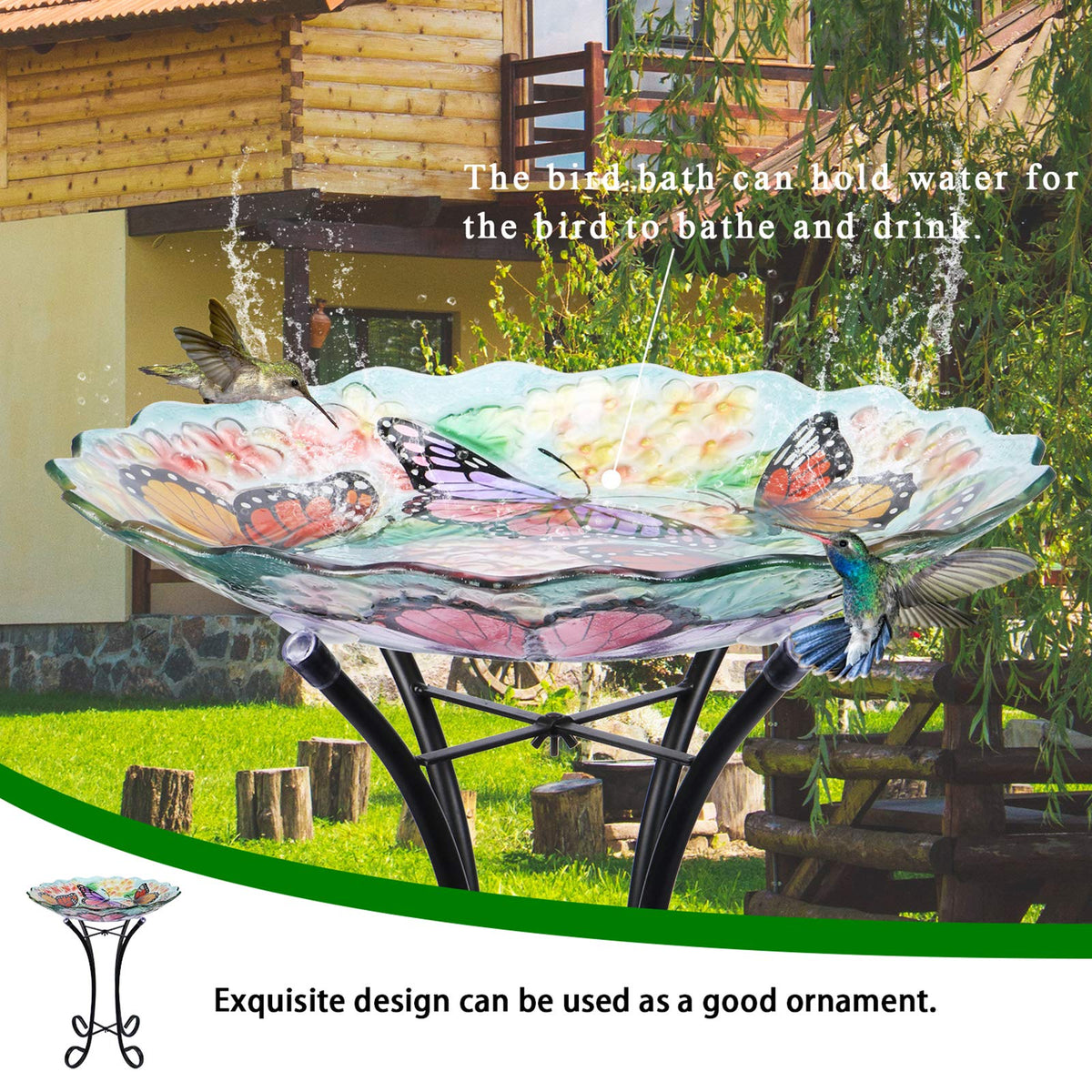 VCUTEKA glass birdbath on metal stand provides stable outdoor display.
