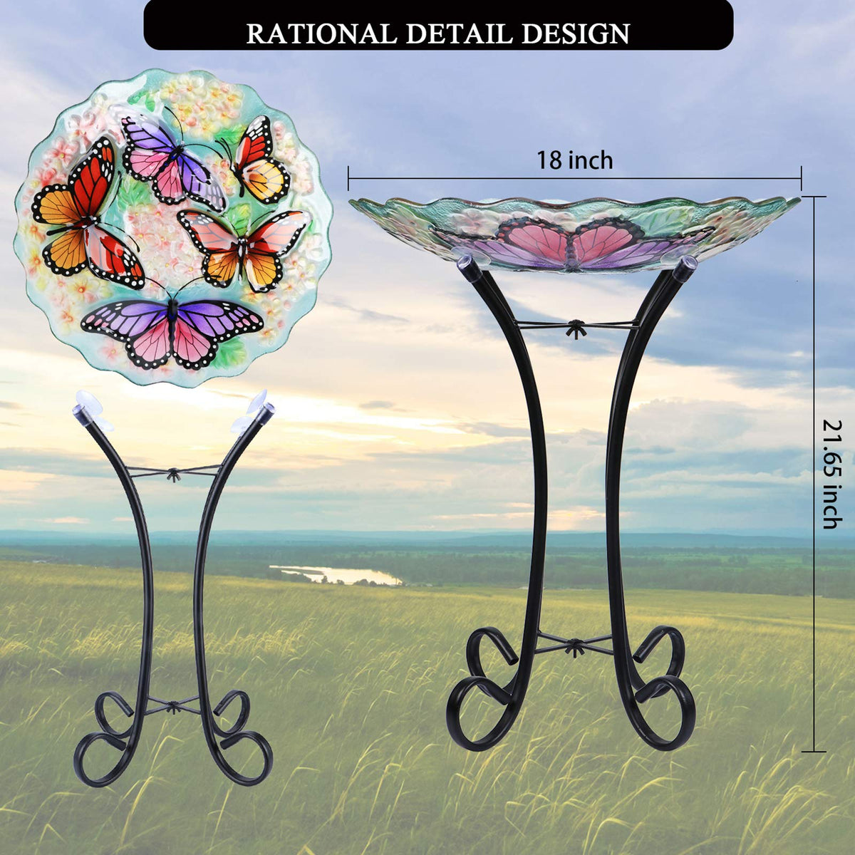 VCUTEKA glass birdbath ready for water or seeds in your garden.