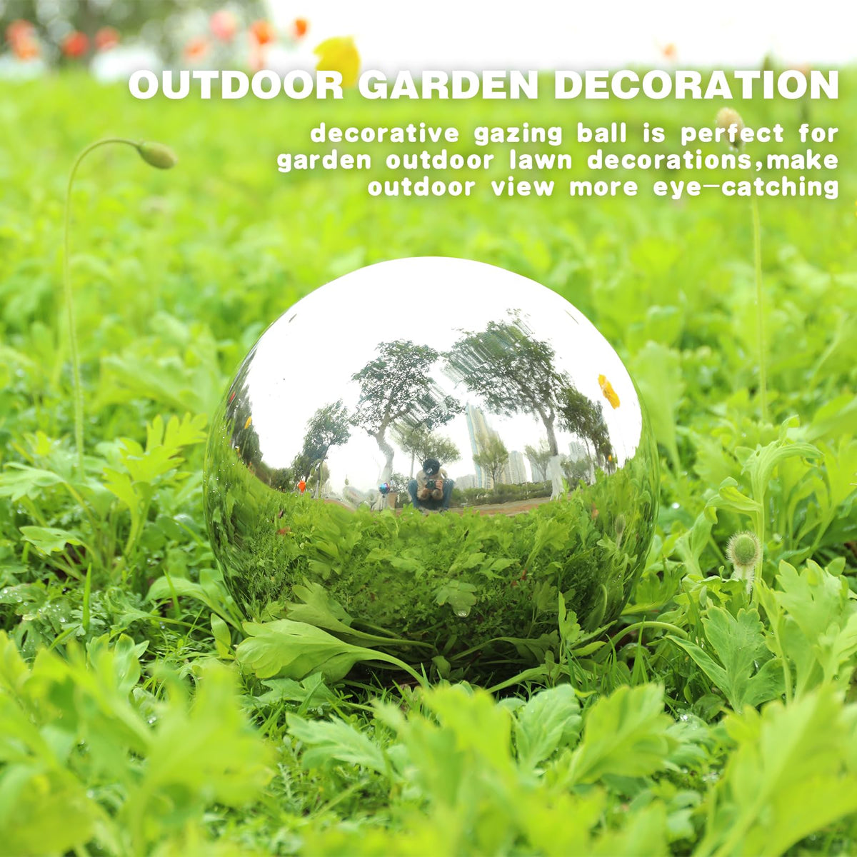VCUTEKA stainless-steel gazing ball mirror reflects surroundings for striking yard displays.