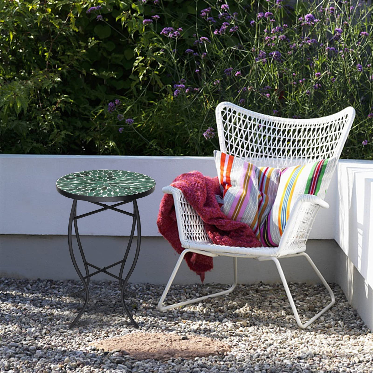 VCUTEKA compact 14-inch side table fits small patios and porches.