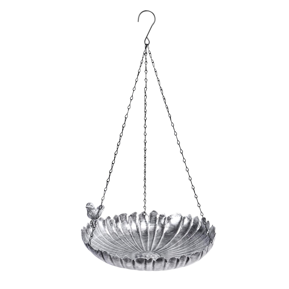 VCUTEKA hanging bird bath with a silver finish attracts garden birds for observation.
