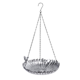 VCUTEKA hanging bird bath with a silver finish attracts garden birds for observation.