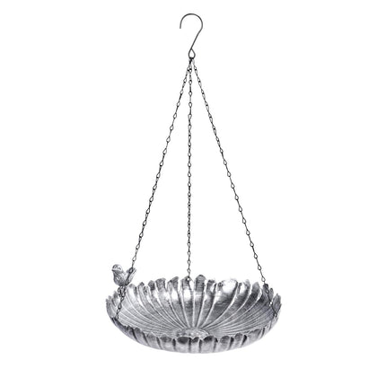 VCUTEKA hanging bird bath with a silver finish attracts garden birds for observation.