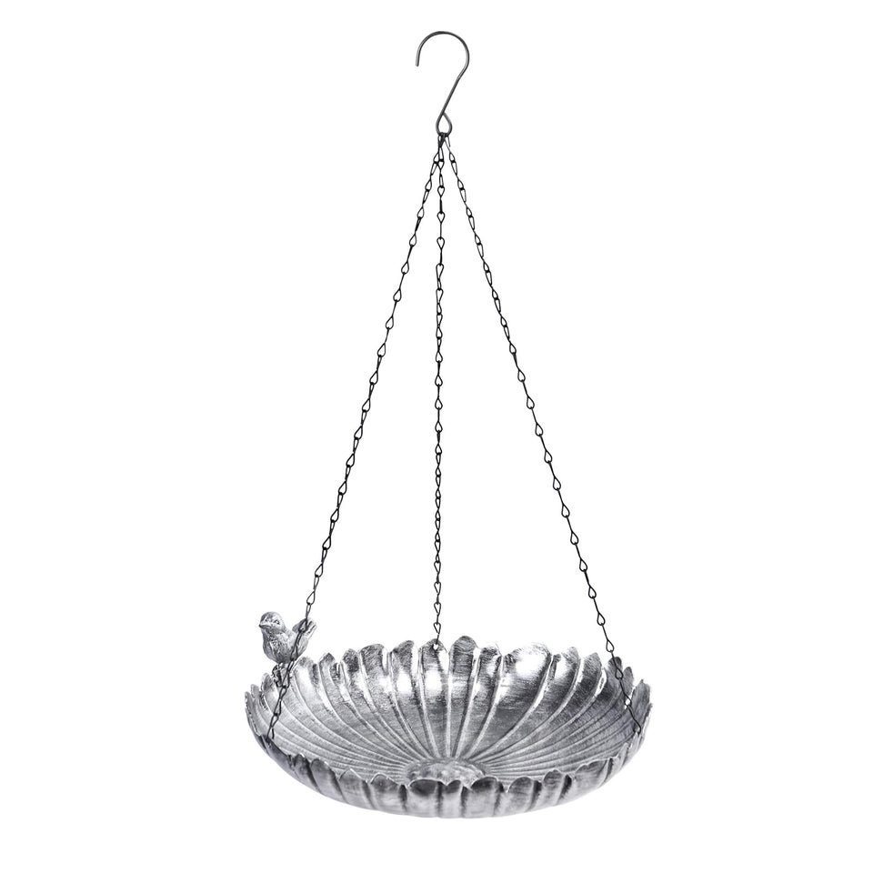 VCUTEKA hanging bird bath with a silver finish attracts garden birds for observation.