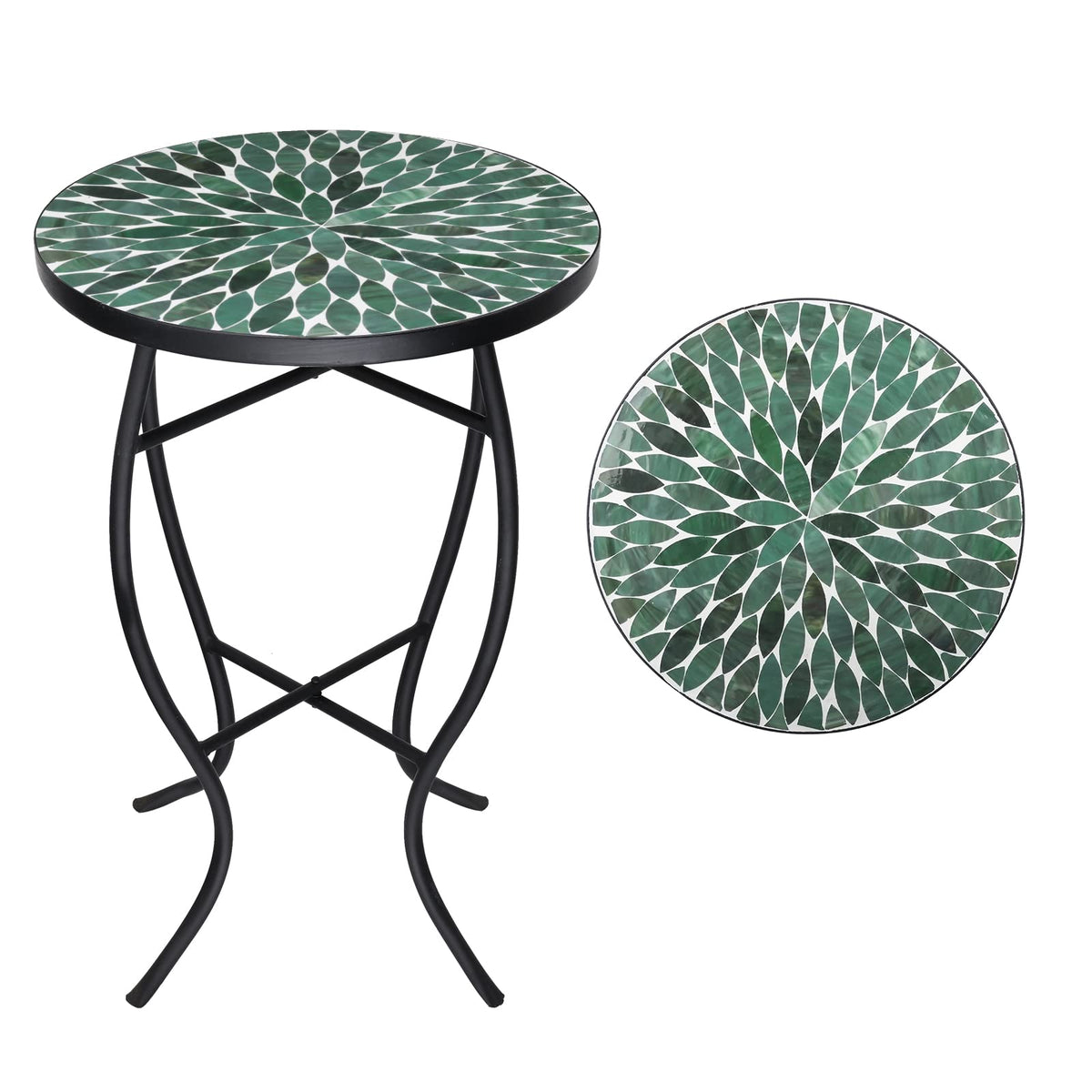 VCUTEKA mosaic table top in green tile showing weatherproof, easy-clean surface.