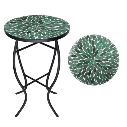 VCUTEKA mosaic table top in green tile showing weatherproof, easy-clean surface.
