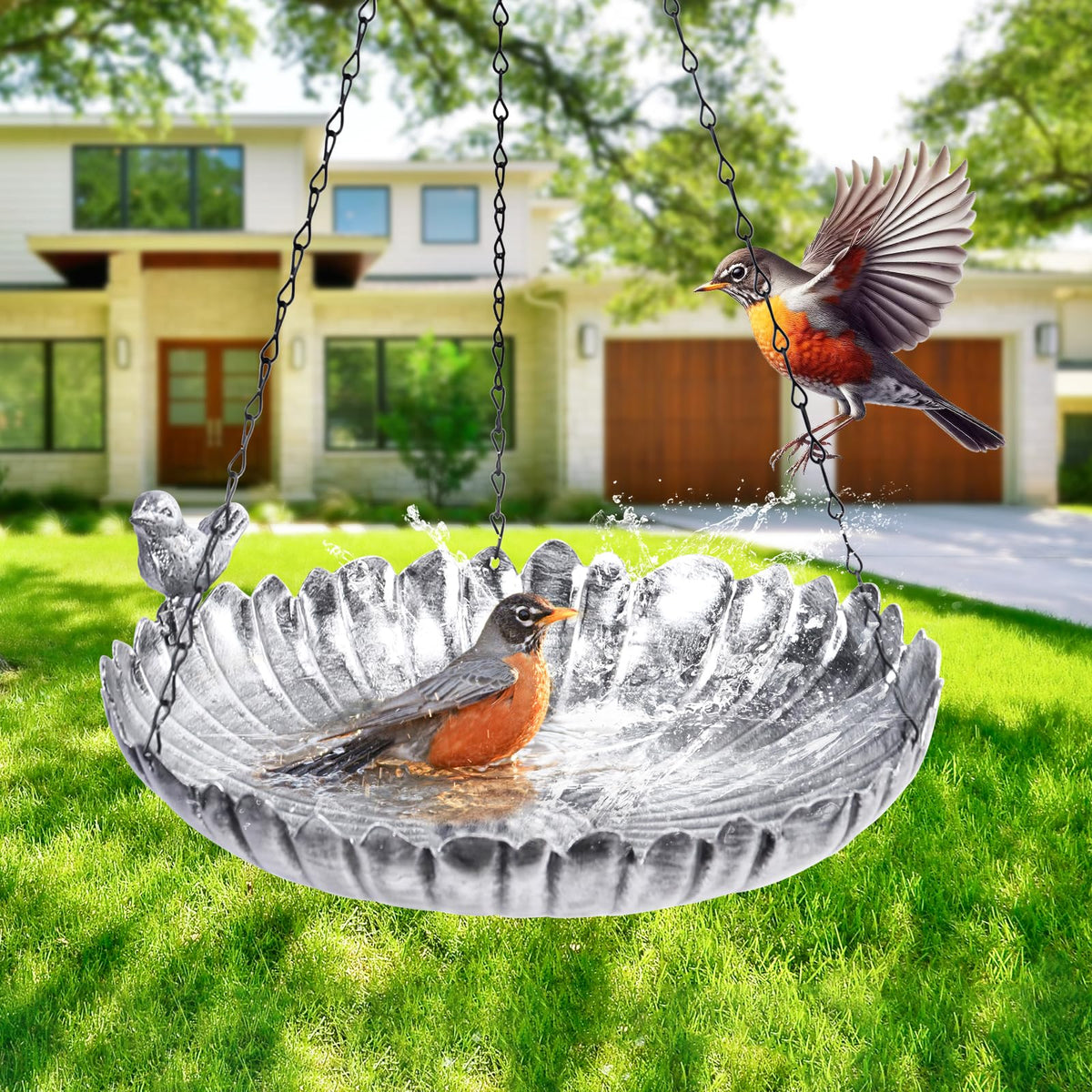 VCUTEKA weatherproof metal bird bath withstands outdoor use.