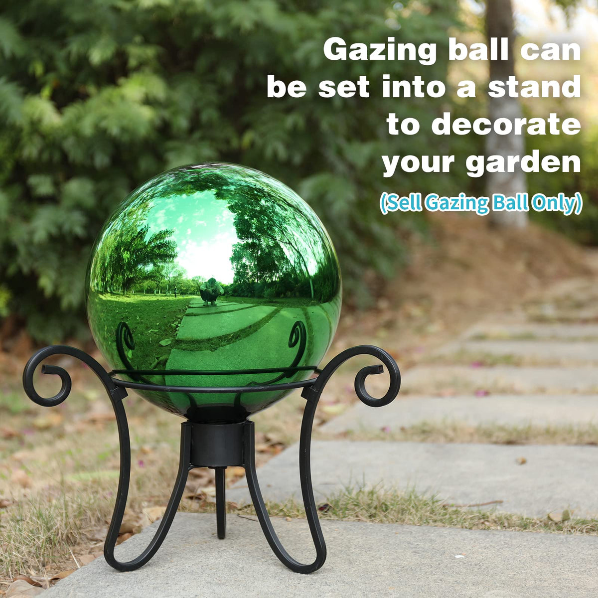VCUTEKA 10-inch gazing ball placed on ground as yard focal point.