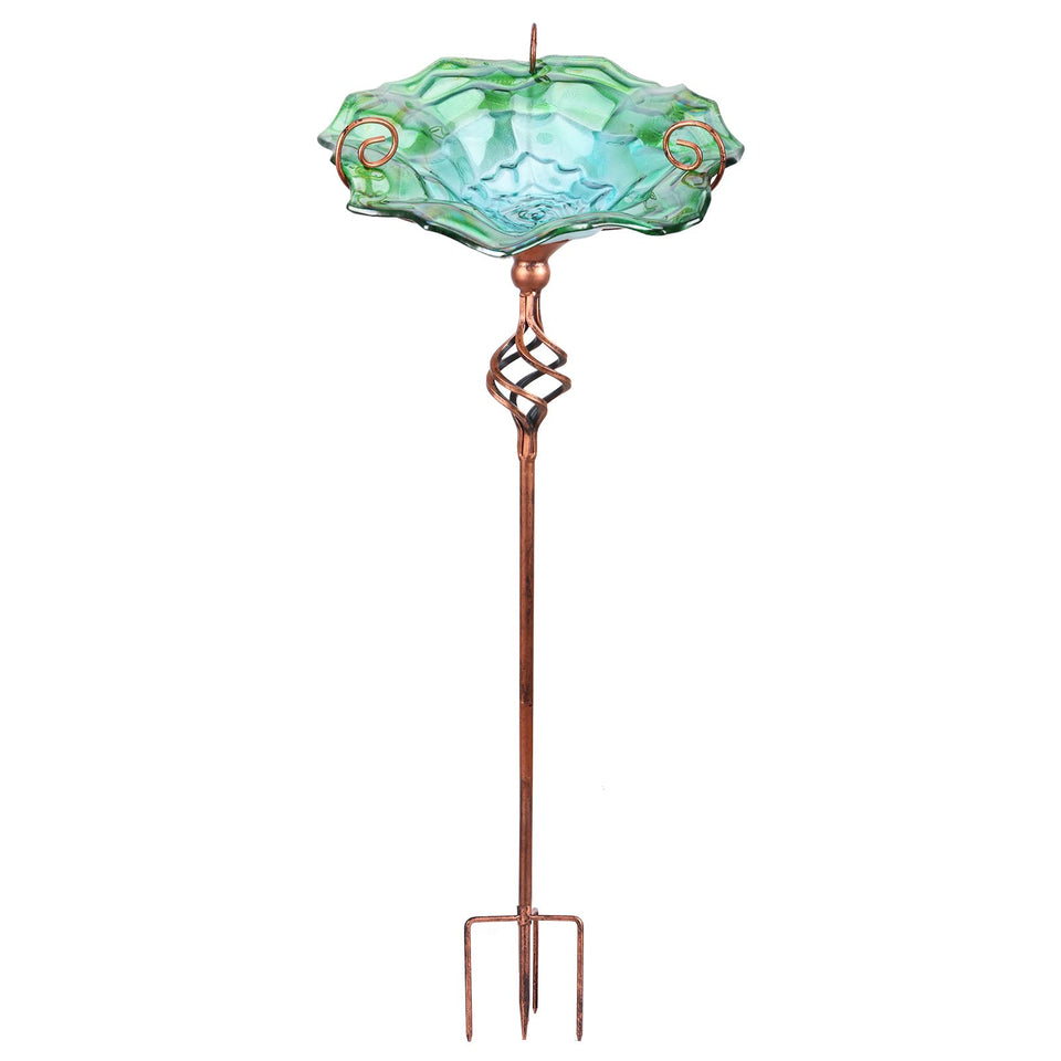 VCUTEKA bird bath with glass bowl and green stake attracts songbirds outdoors.