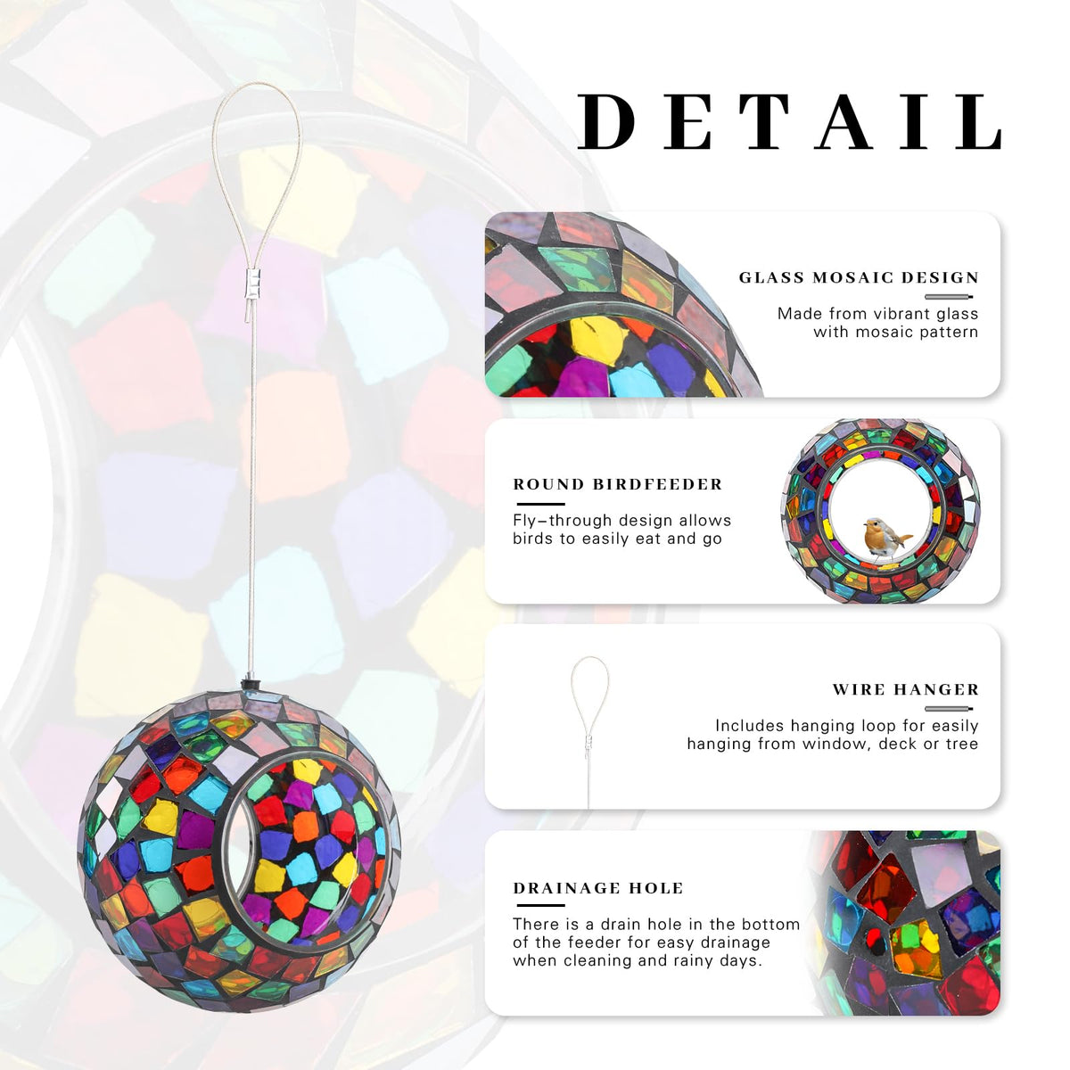 VCUTEKA glass container bird feeder with hanging wire adds outdoor charm.