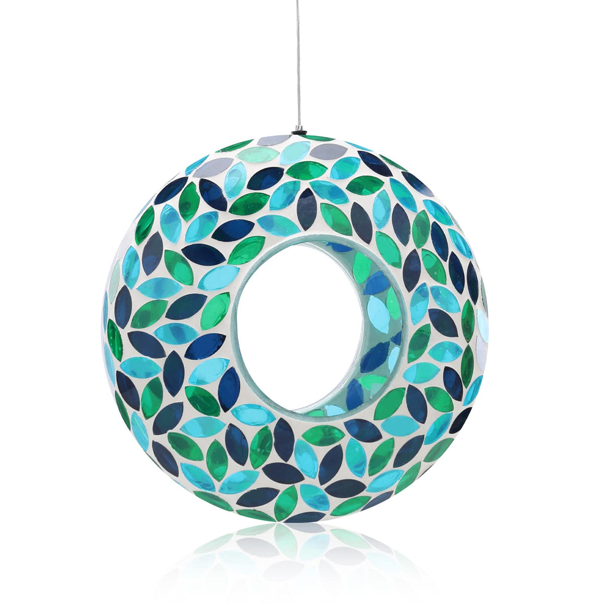 VCUTEKA Mosaic Fly-Through Bird Feeder in green, inviting backyard birds for easy viewing.