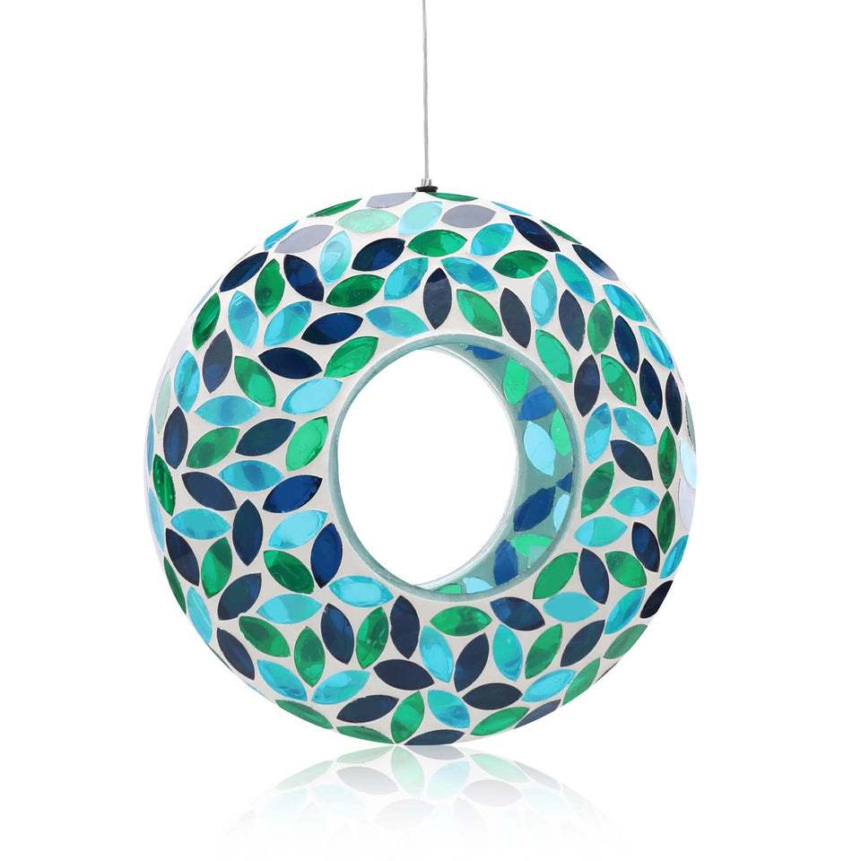 VCUTEKA Mosaic Fly-Through Bird Feeder in green, inviting backyard birds for easy viewing.