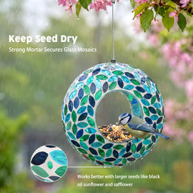 VCUTEKA round glass mosaic bird feeder reflecting sunlight for outdoor decor.